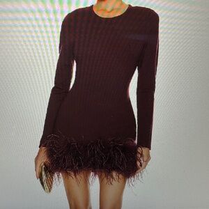LAMARQUE Dress with Feather Detail- Burgundy Size XS